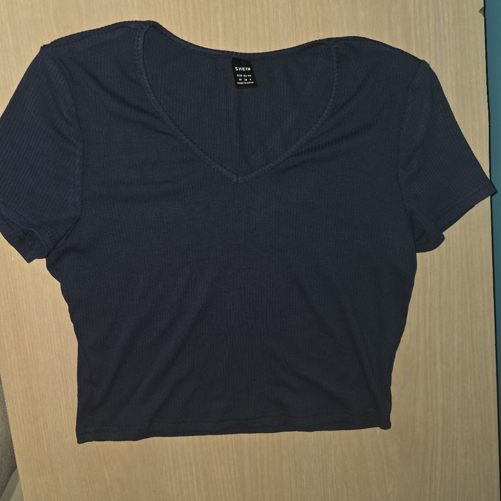 SHEIN Navy Blue Ribbed V-Neck Top